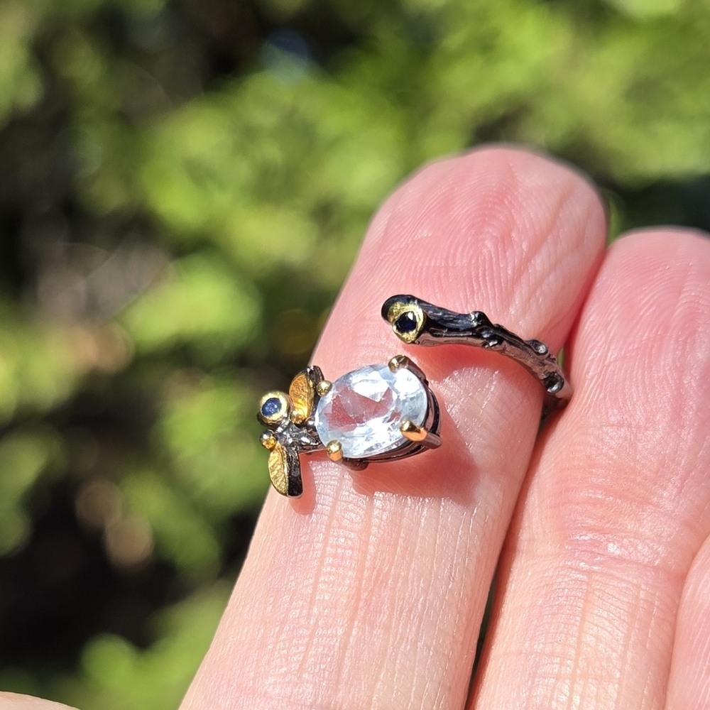 Blue Topaz & Sapphire Sterling Rhodium & Gold Ring Sz6 Adjustable - Picture 1 of 8